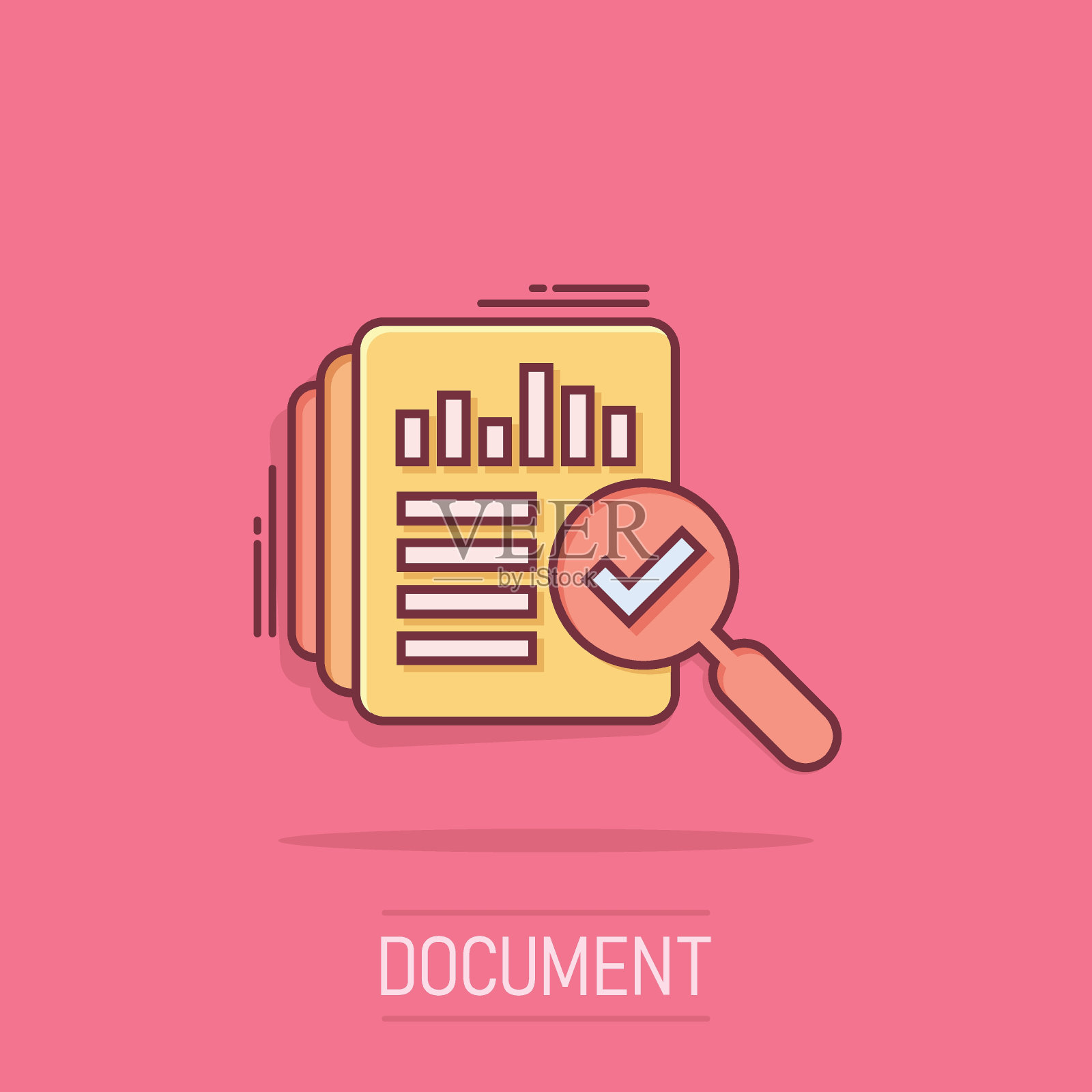 审核文档图标在漫画风格。结果报告在孤立背景上的矢量卡通插图。验证控制经营理念的飞溅效果。插画图片素材