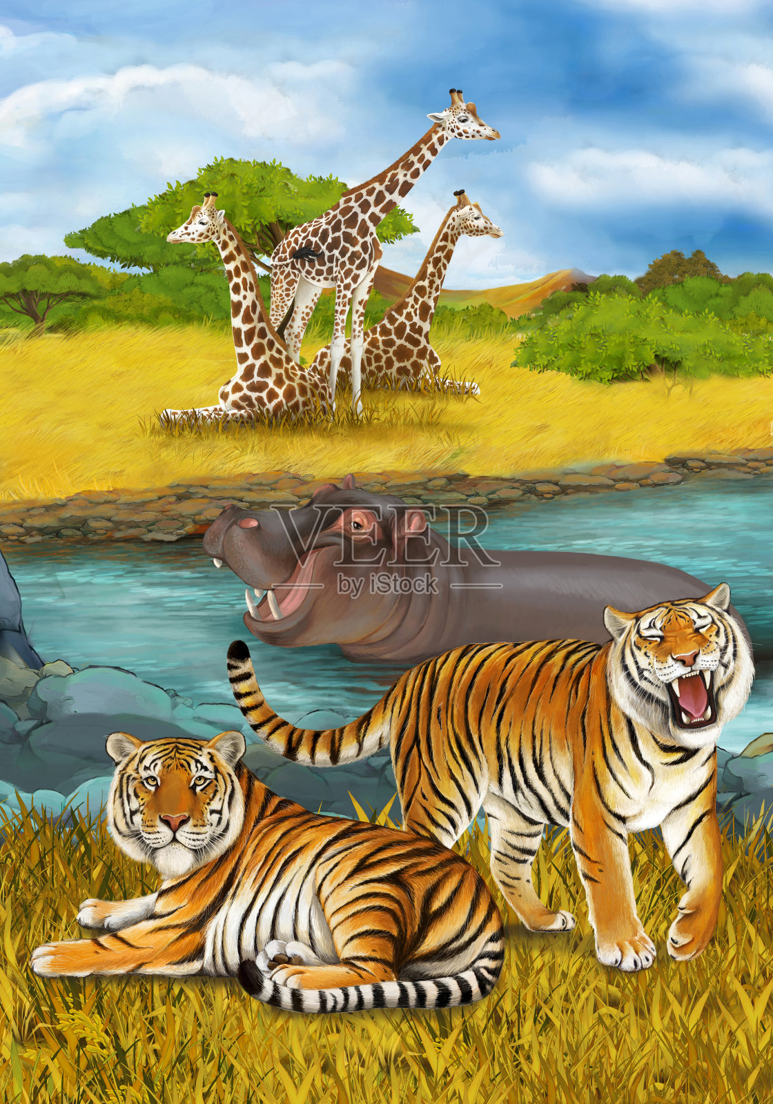 卡通场景与河马河马游泳在河附近的草地和长颈鹿休息插图的孩子插画图片素材