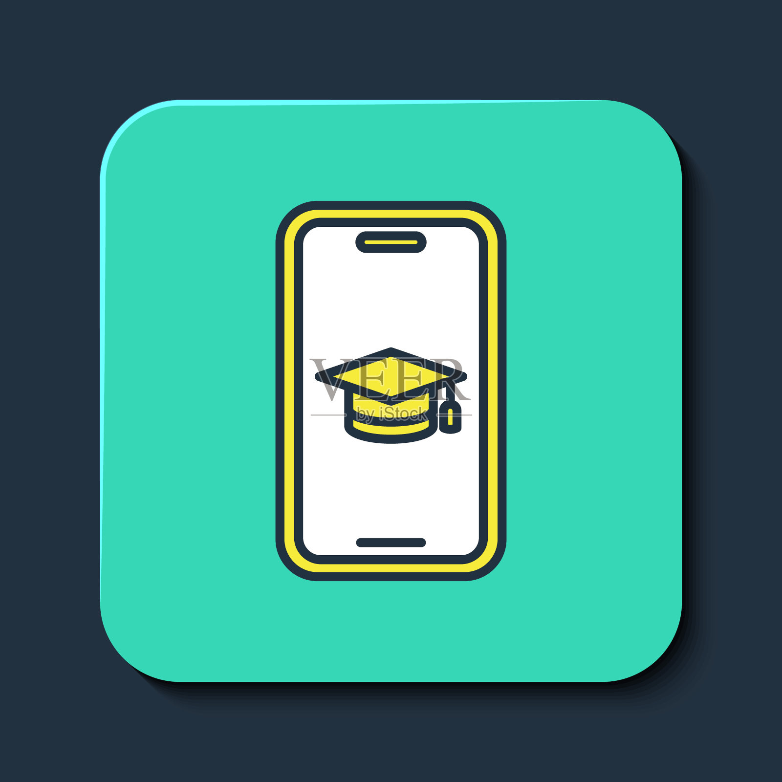 填充轮廓毕业帽在屏幕上的智能手机图标孤立的蓝色背景。在线学习或电子学习概念。绿松石方形纽扣。向量插画图片素材