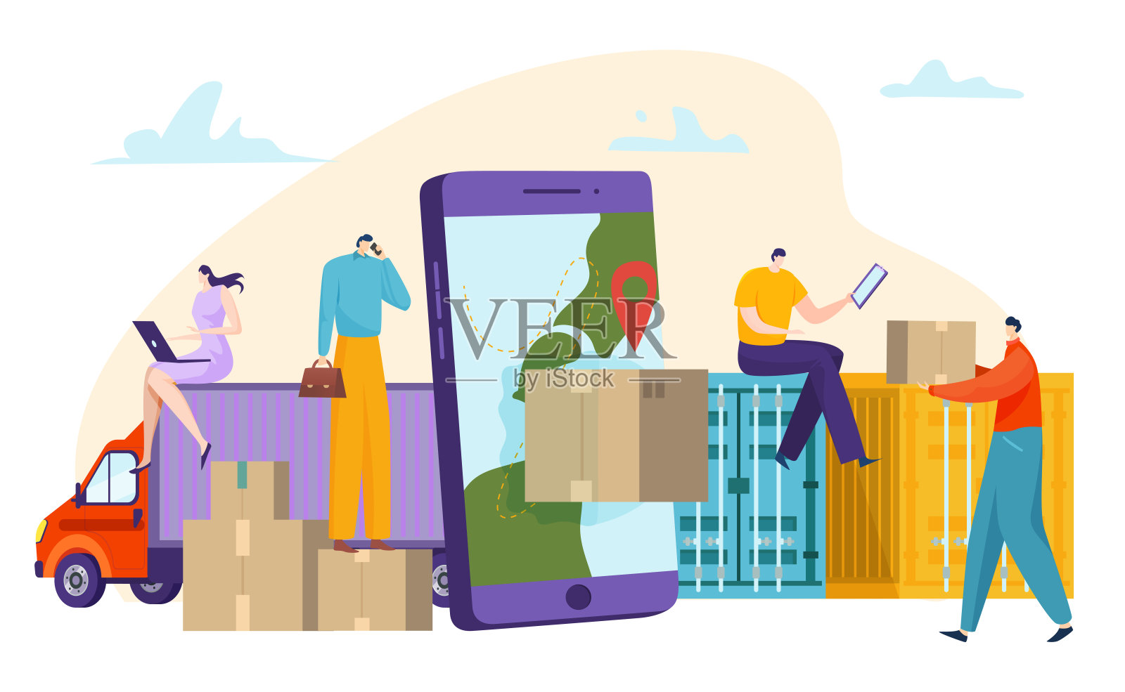 在线配送服务理念，业务快速快递发货，通过手机跟踪货物，平面风格矢量插画。插画图片素材