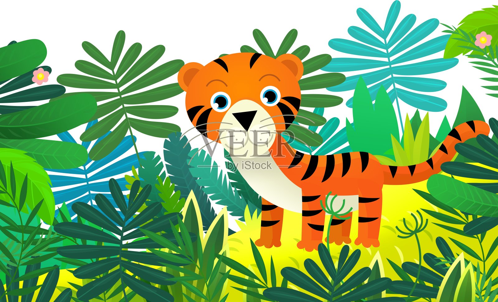 卡通场景与快乐的热带猫老虎在丛林孤立插图的孩子插画图片素材