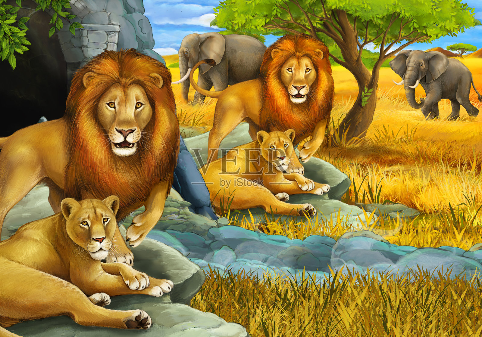 卡通狩猎场景，狮子休息和大象在草地上为儿童插图插画图片素材