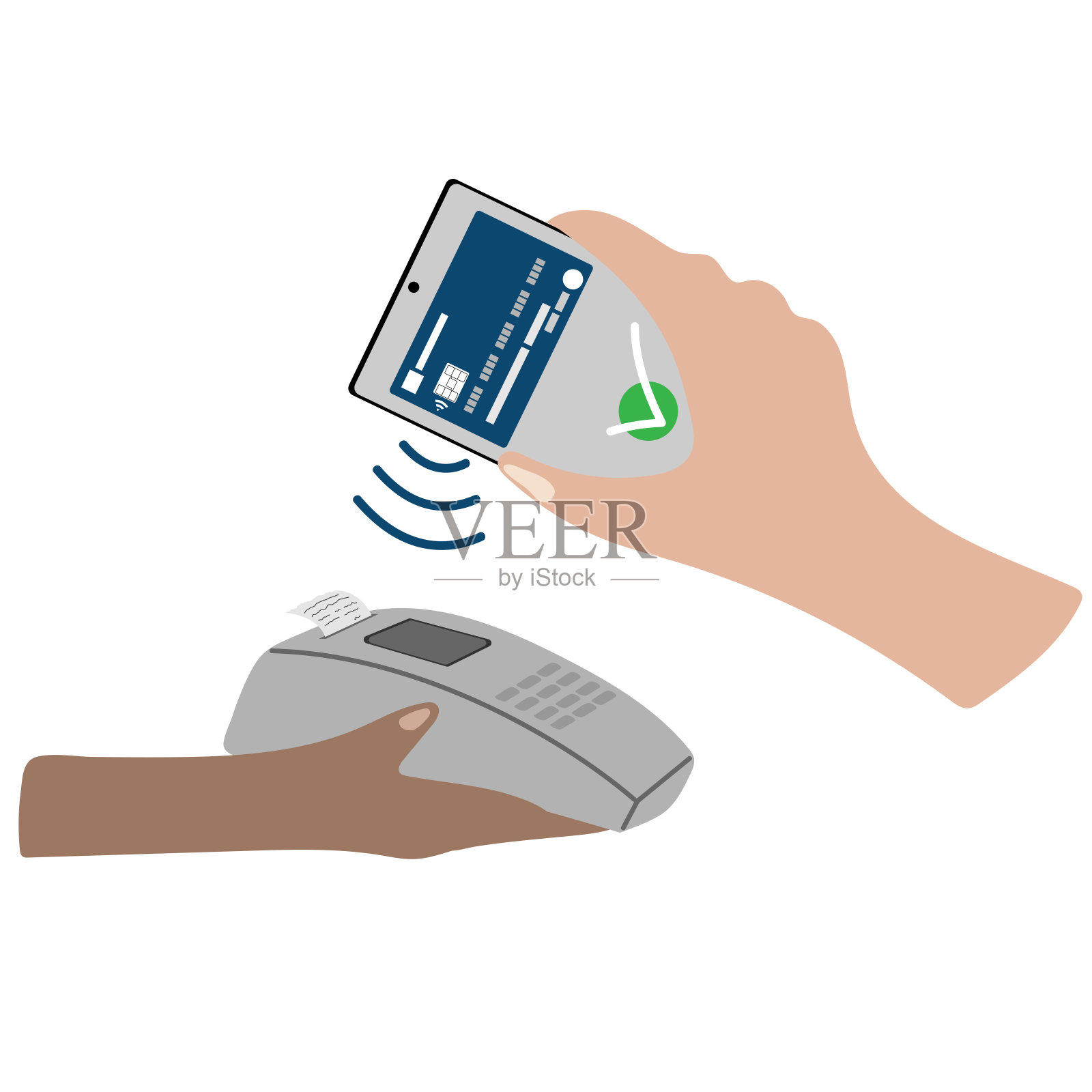 智能手机中的NFC无线支付技术。手机钱包，非接触式支付，快速支付，智能银行。插画图片素材