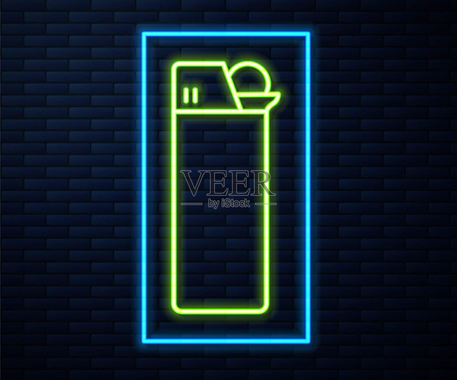 发光的霓虹线打火机图标孤立的砖墙背景。向量插画图片素材