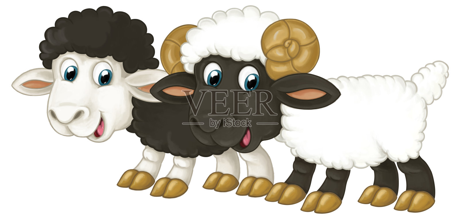 卡通快乐农场动物欢快的一对羊孤立的儿童插图插画图片素材