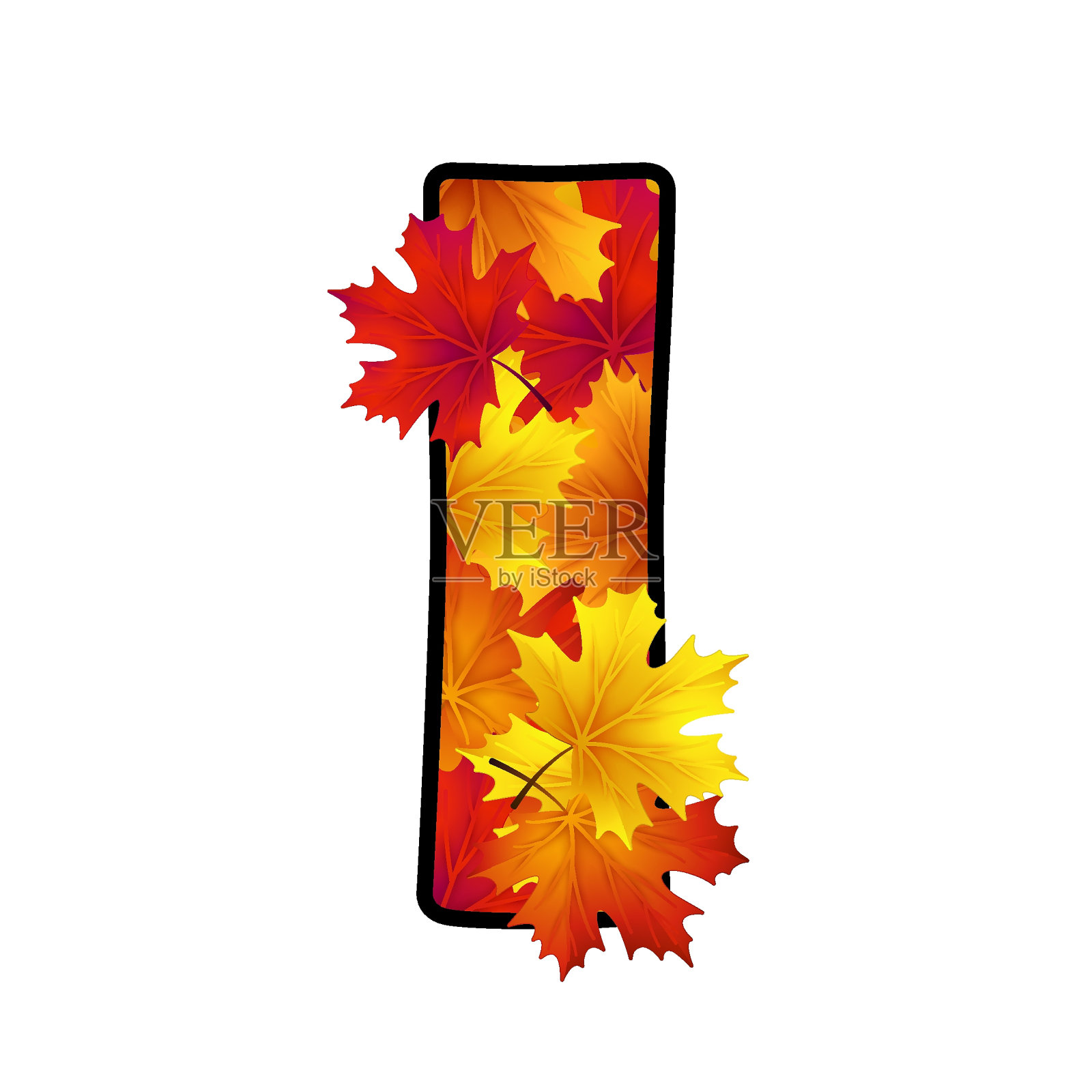 字母I用红、黄、橙的枫叶与黑边孤立在白底上。矢量假日插图明信片，横幅，卡片，网页，设计，广告插画图片素材