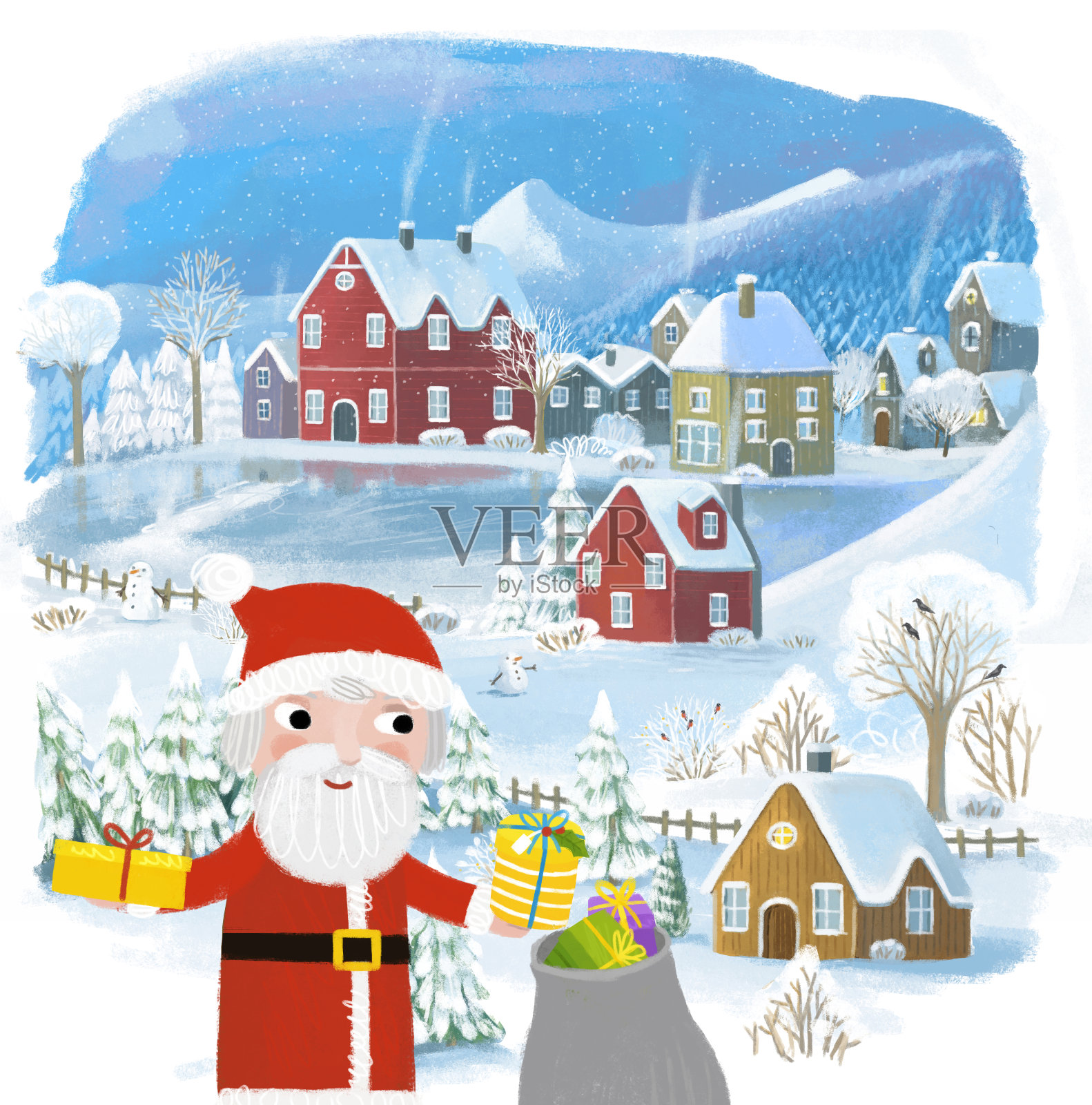 cartoon christmas winter happy scene with town in snow illustration for children插画图片素材