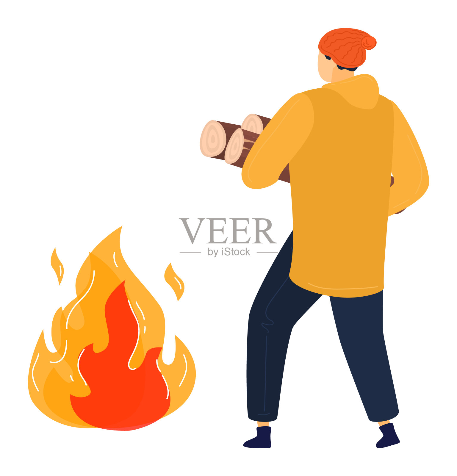 身穿黄夹克、头戴红帽的人正在向营火搬运柴火。户外露营活动和温暖概念矢量插图插画图片素材