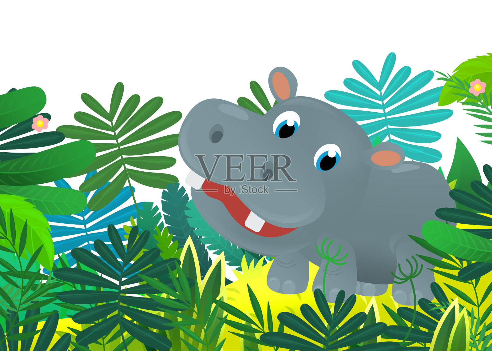 卡通野生动物快乐的小河马河马在丛林中孤立的儿童插图插画图片素材