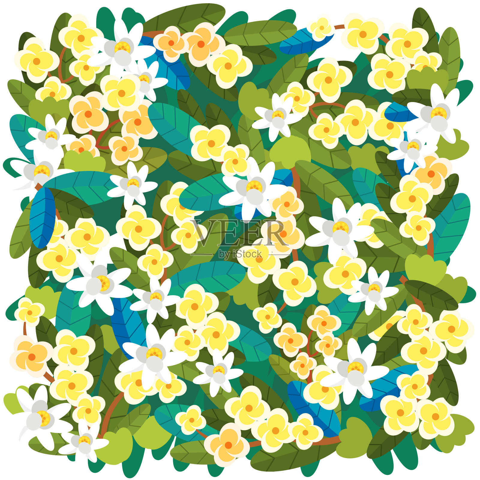 卡通场景与集花卉和自然元素插画图片素材