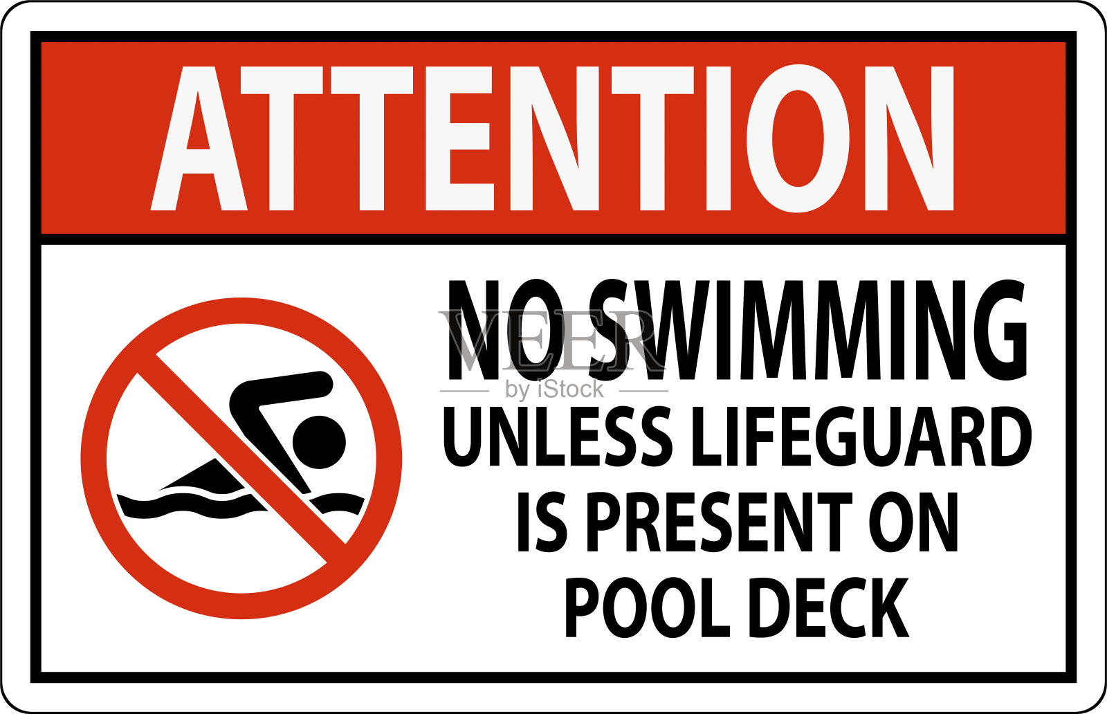 注意:泳池标牌除非泳池甲板上有救生员在场，否则禁止游泳插画图片素材