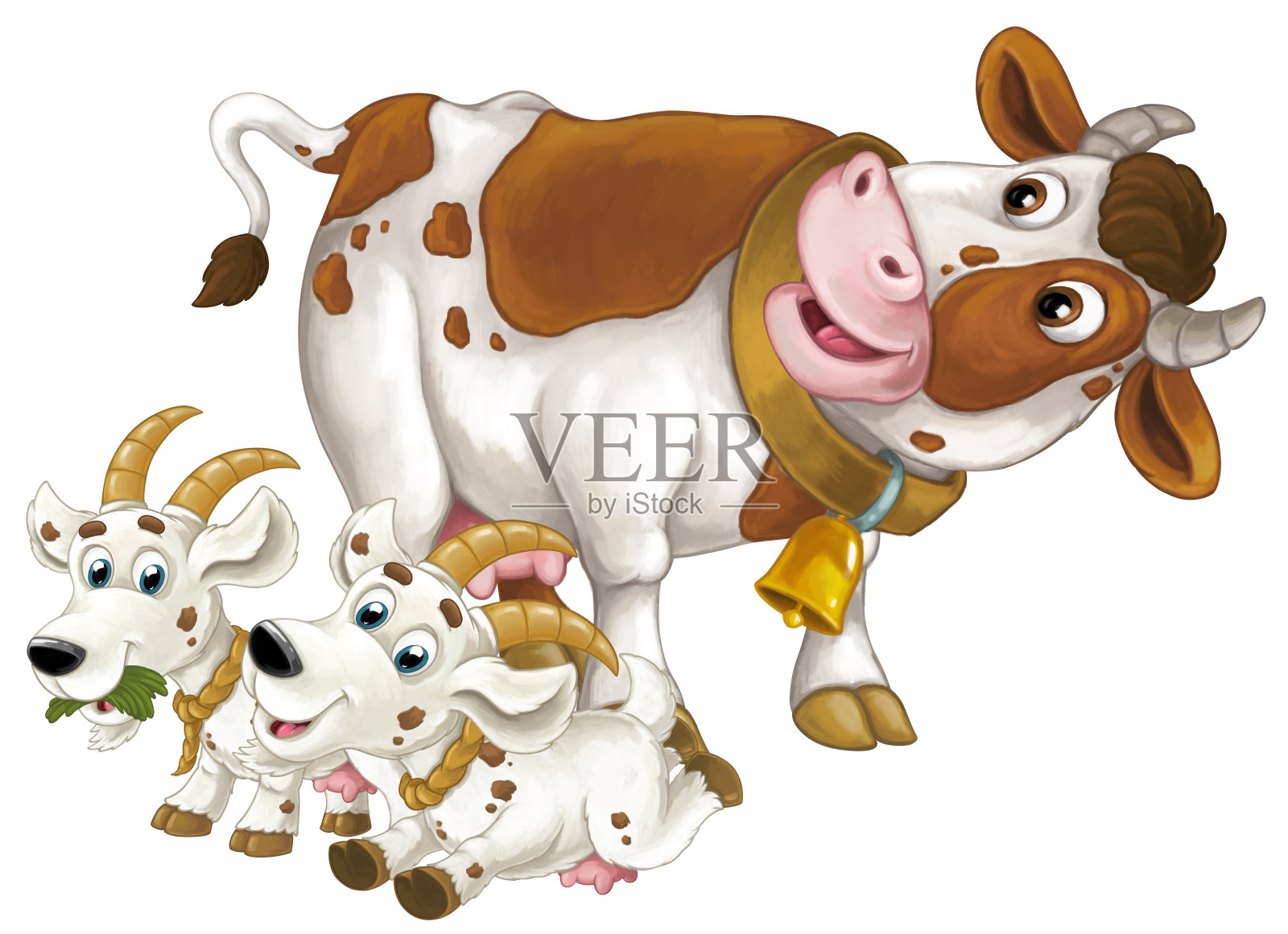 卡通场景与快乐农场动物牛和两只山羊在一起玩的孩子孤立插图插画图片素材