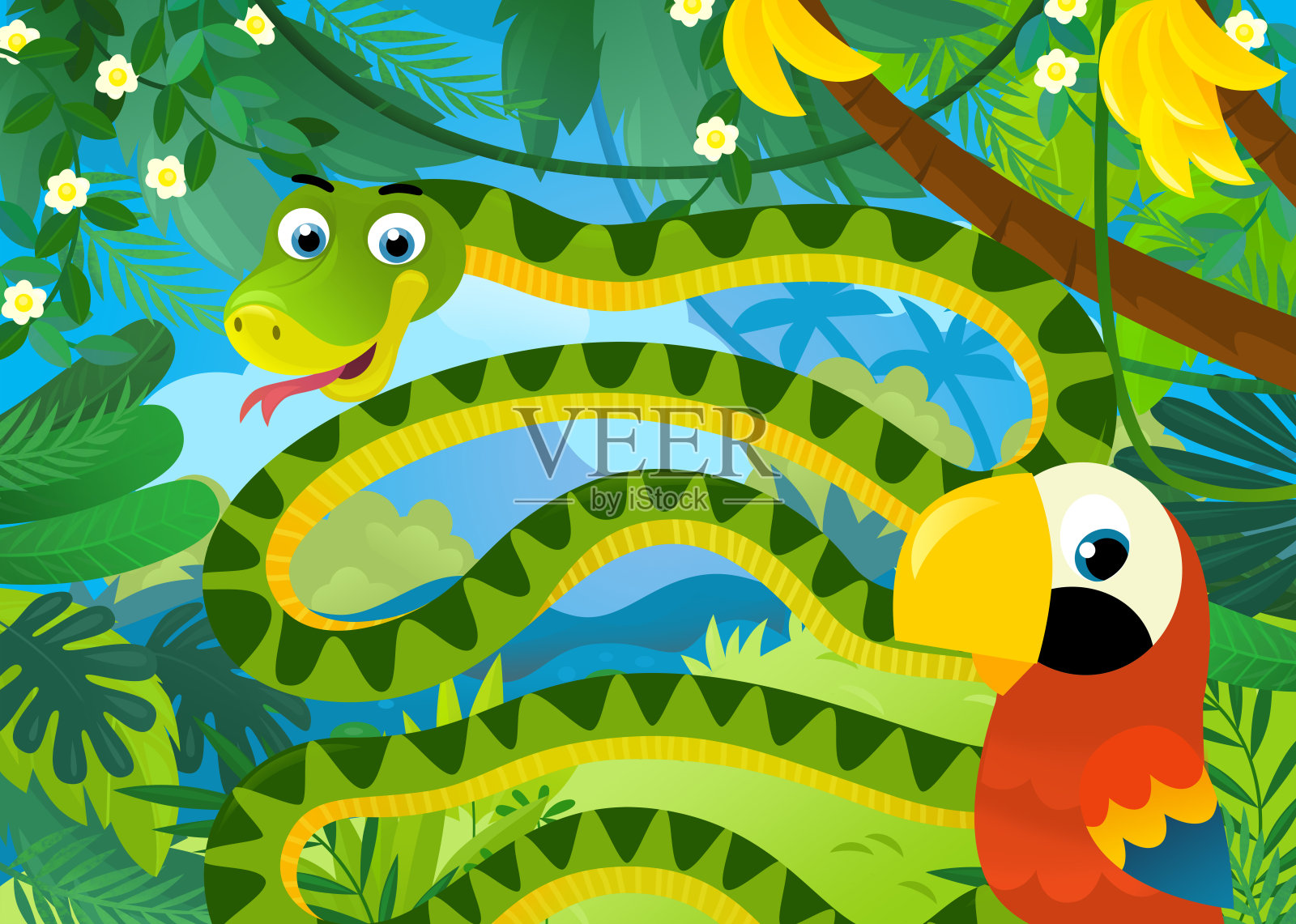 卡通场景与丛林动物蛇和其他在一起的儿童插图插画图片素材
