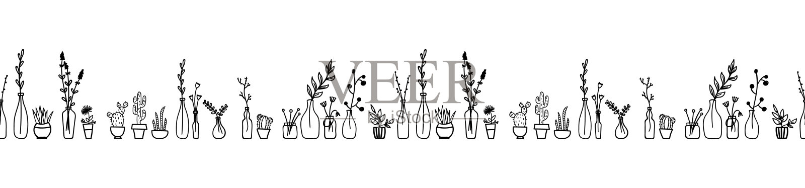无缝边界与植物在花盆和花瓶插画图片素材