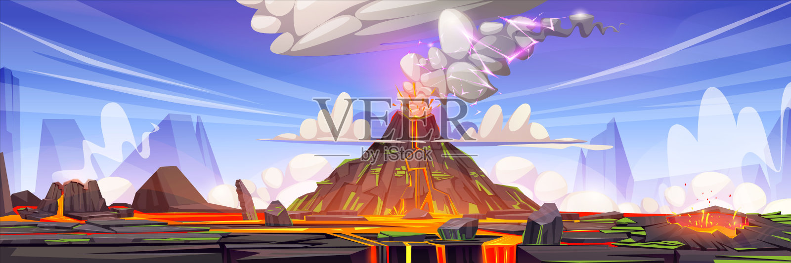 火山喷发景观与活跃的火山口插画图片素材