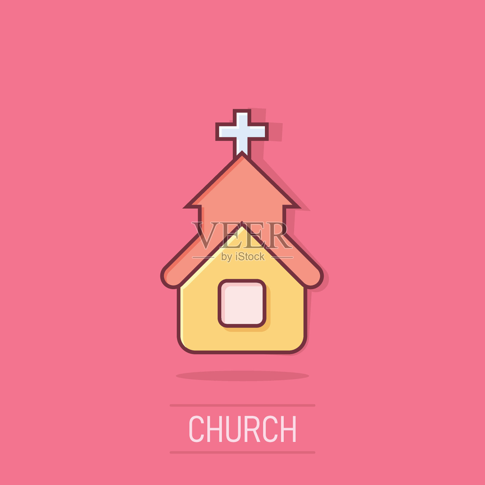 漫画风格的教堂图标。教堂矢量卡通插图孤立的背景。宗教建筑商业理念的飞溅效应。插画图片素材