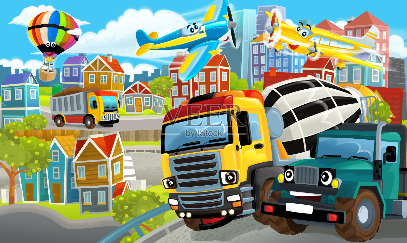 卡通快乐和有趣的场景，一个城市的中心与自卸卡车和汽车行驶-插图插画图片素材
