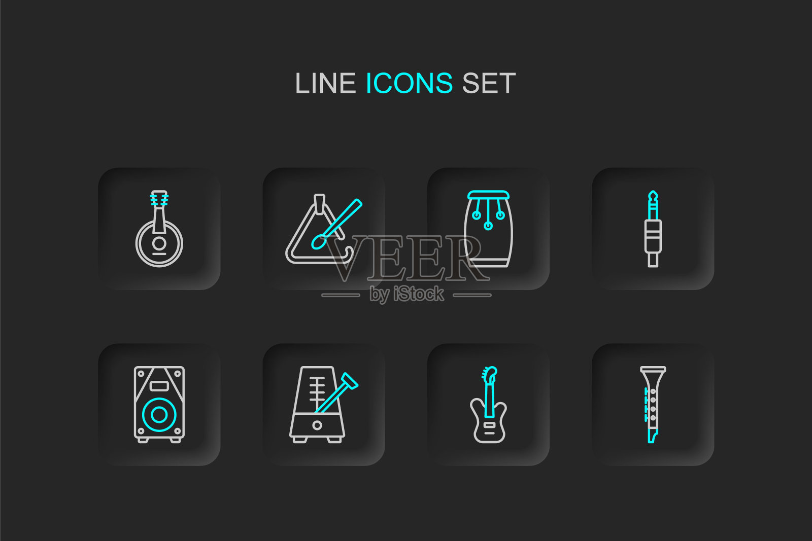 设置线单簧管，电低音吉他，节拍器与钟摆，立体声扬声器，音频插孔，康加鼓，三角乐器和班卓琴图标。向量插画图片素材