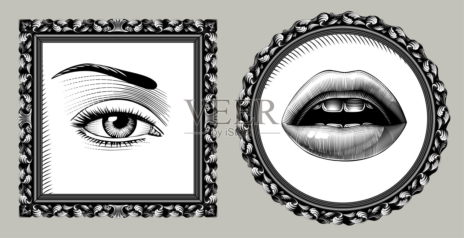圆形和方形的复古装饰框架，在白色上刻有女性眼睛和嘴唇的复古雕刻插画图片素材