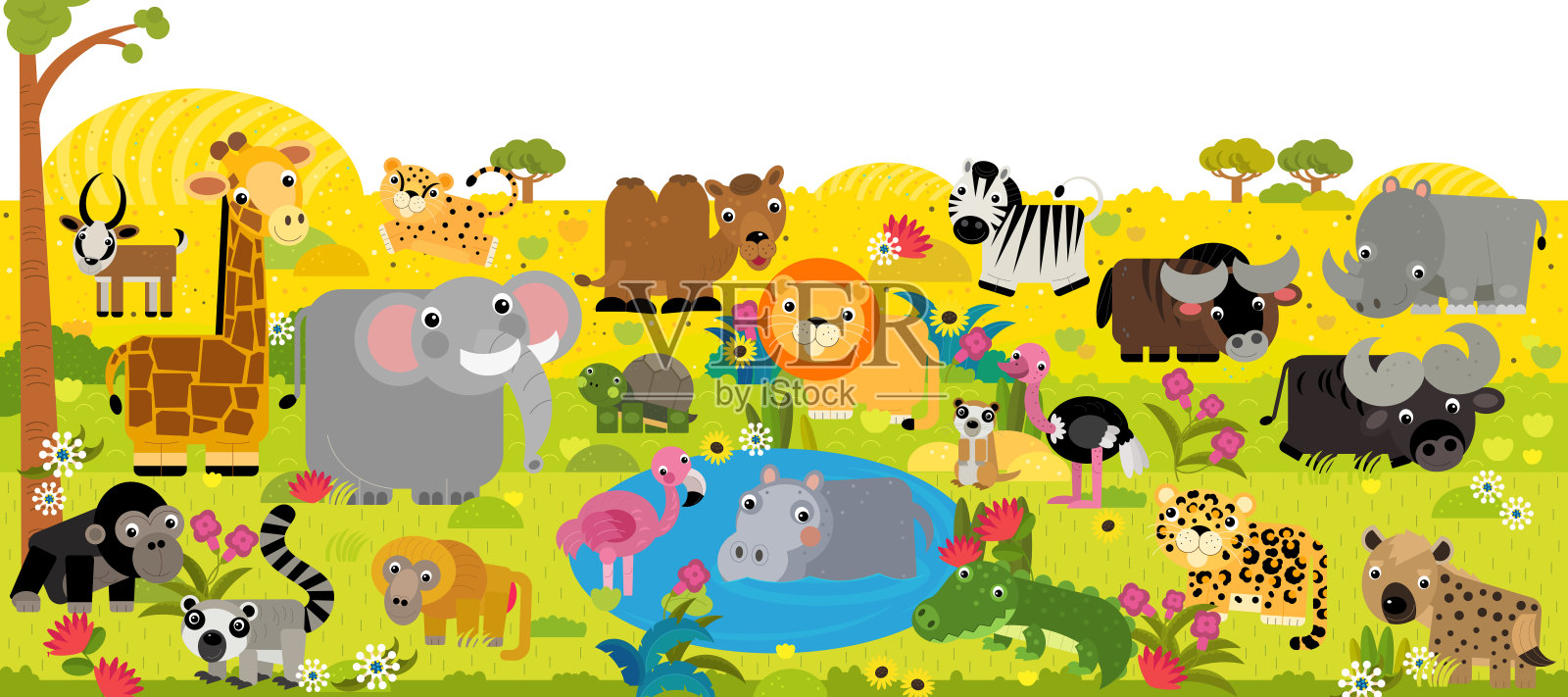 卡通非洲野生动物园与动物在池塘插画图片素材