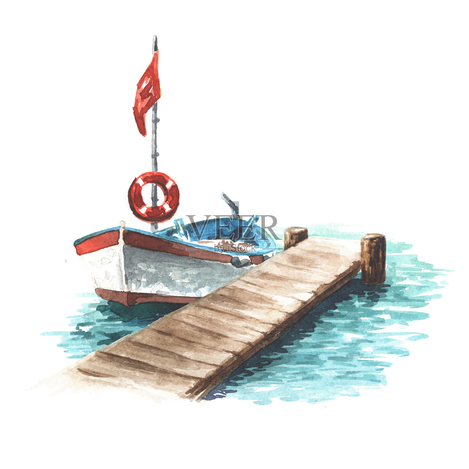 码头附近的划艇。手绘水彩插图孤立的白色背景插画图片素材