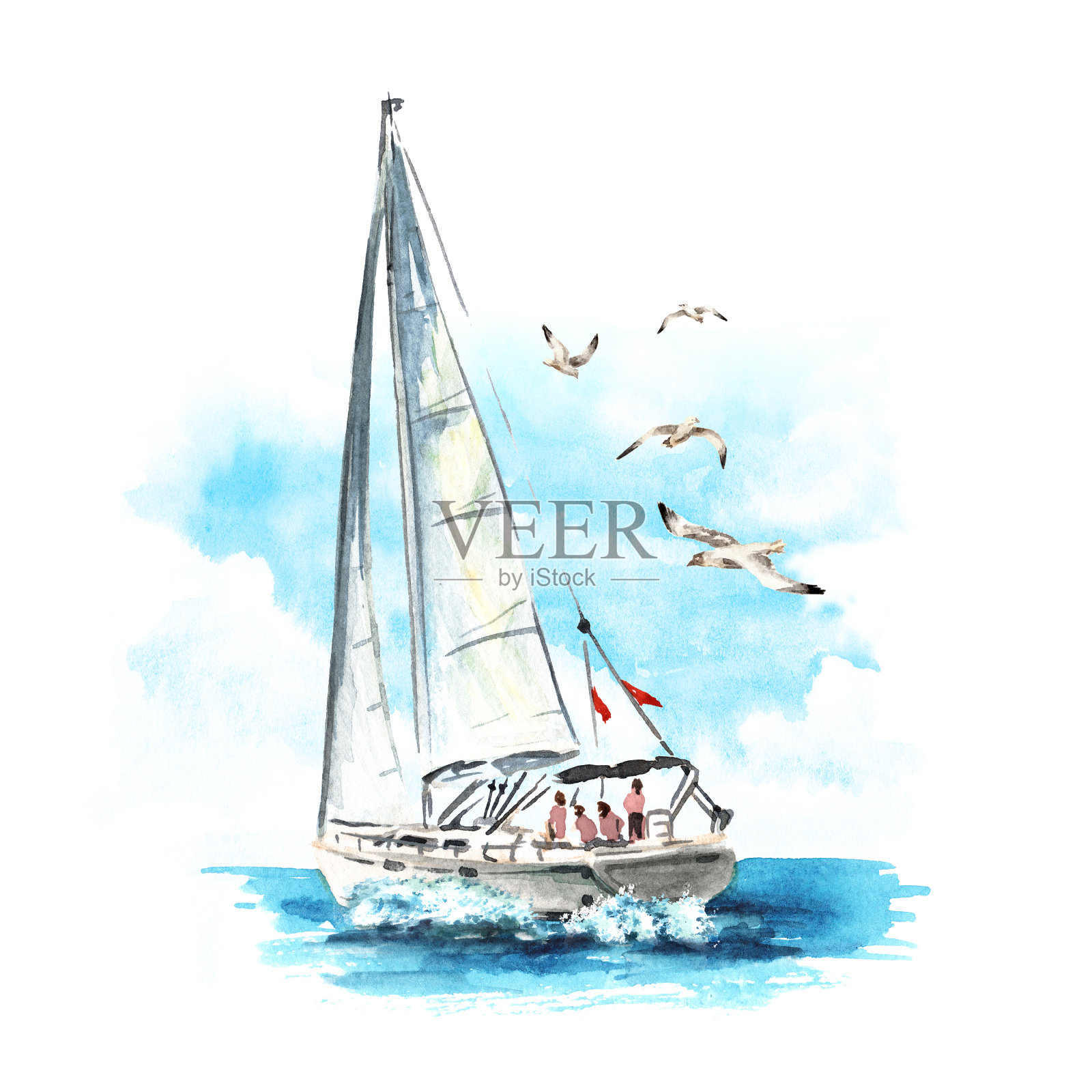 帆船，帆船上的浪花和海鸥。手绘水彩插图孤立的白色背景插画图片素材