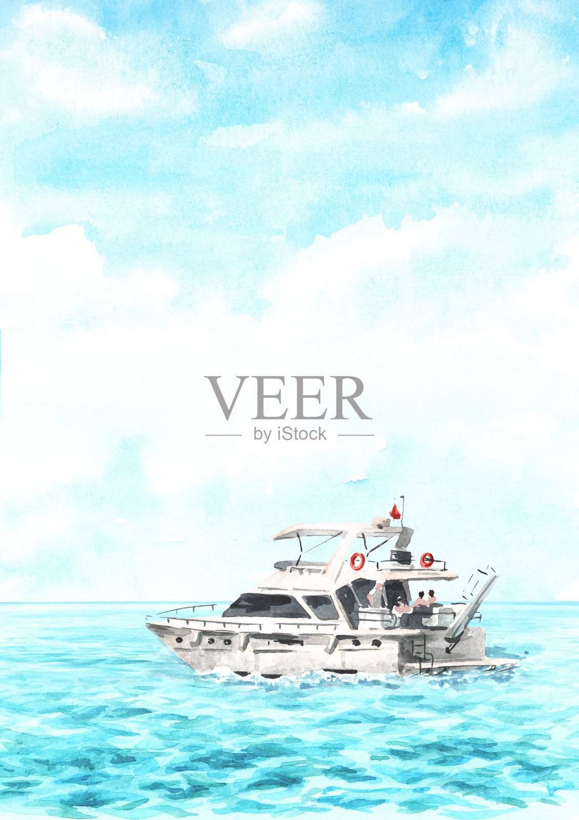 海上的小船，游艇上的浪花和蓝天。手绘水彩插图孤立的白色背景插画图片素材