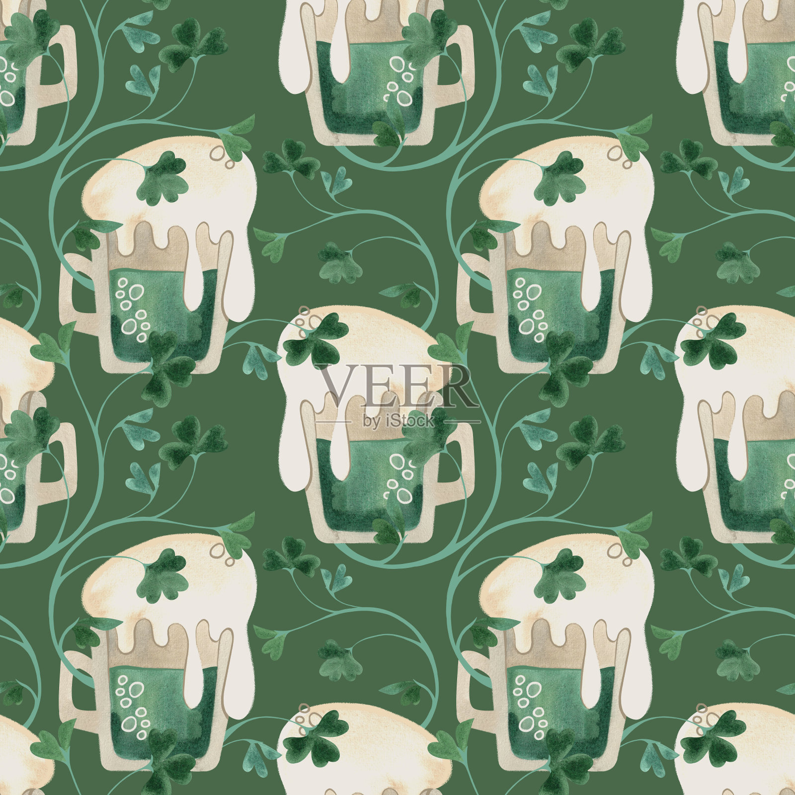 无缝图案与爱尔兰的象征。圣帕特里克节的包装纸。水彩画在一个绿色的背景上的复古风格。插画图片素材