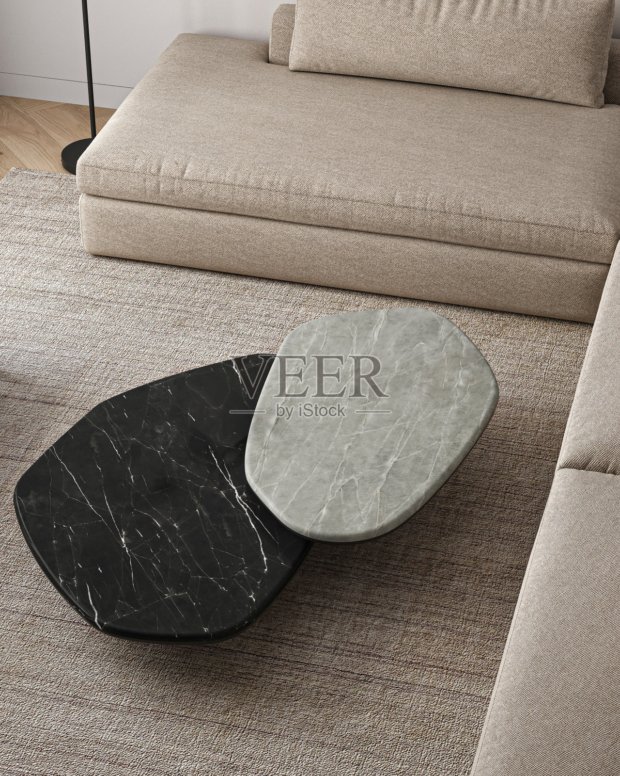 室内设计以两张圆形石桌和沙发为背景。3 d渲染。高质量3d插图照片摄影图片