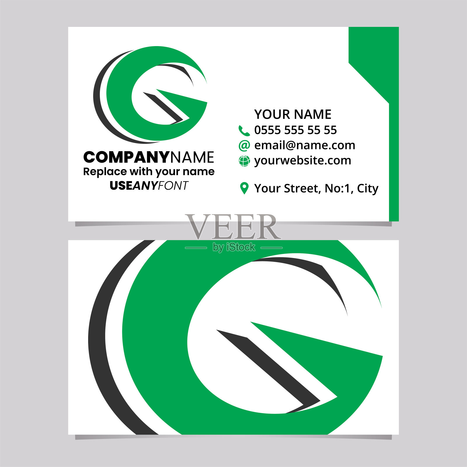 绿色和黑色名片模板与分层字母G标志图标插画图片素材