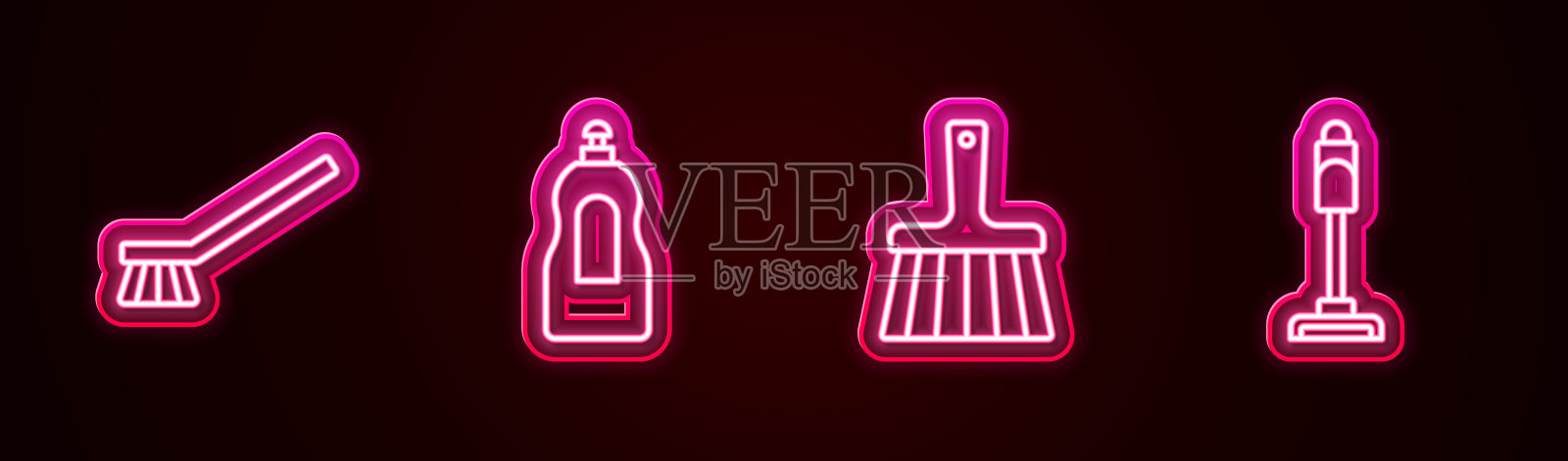 设有清洁刷，洗碗液瓶，扫帚和吸尘器。发光的霓虹灯图标。向量插画图片素材