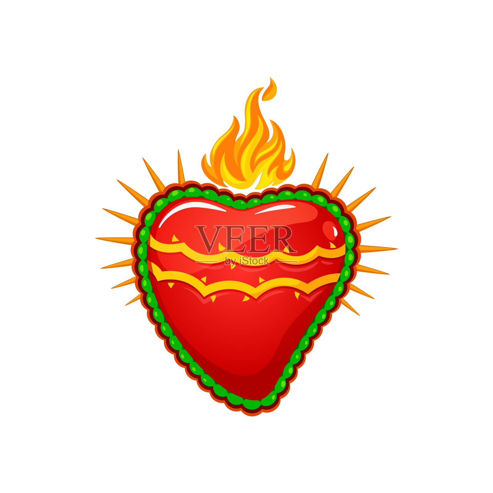 墨西哥圣心，燃烧的火焰和光芒插画图片素材