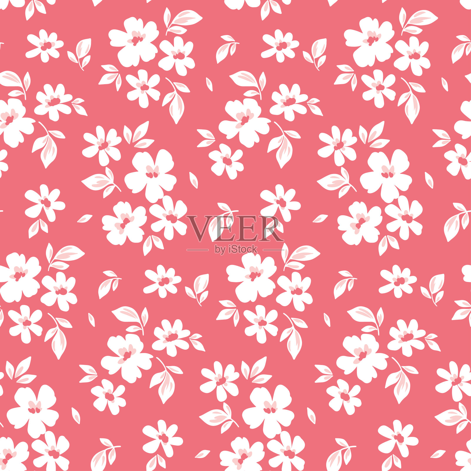 无缝的花卉图案，自由的印花:小手绘花，微小的叶子，简单的花束上的粉红色。矢量插图。插画图片素材