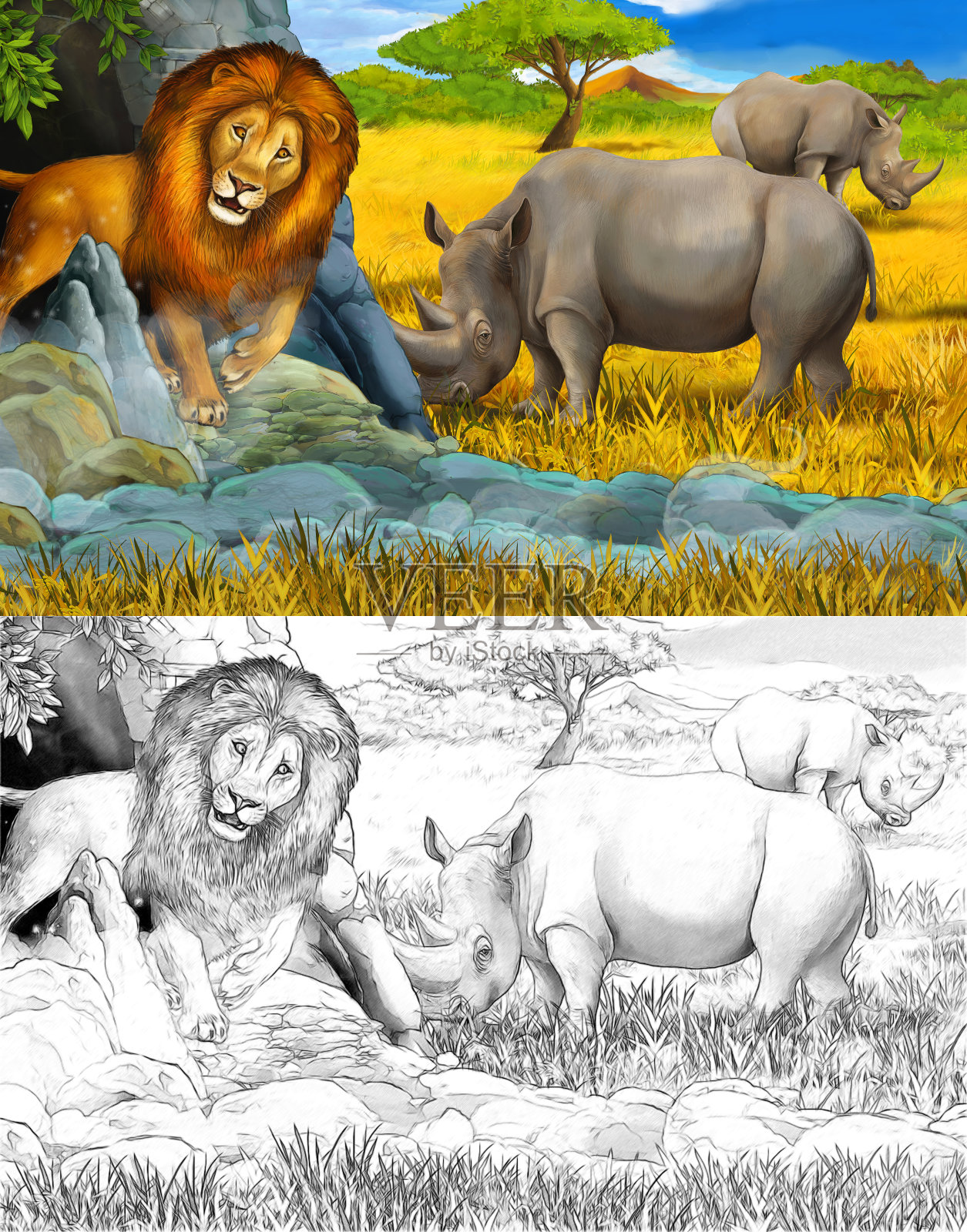 卡通场景与狮子附近的洞穴在一些草地上的山与犀牛插图的孩子插画图片素材