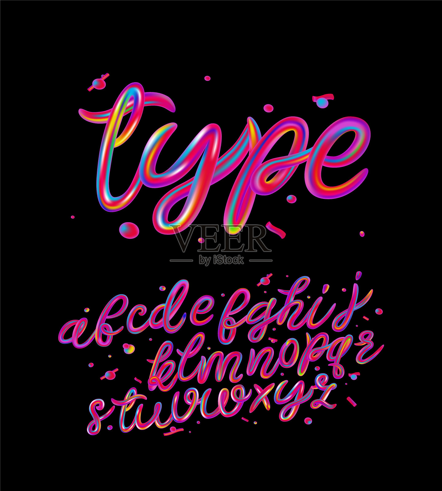 类型。为海报、传单、横幅或设计元素隔离在黑色背景上的彩色全息和多色3d字母的字母表集。粉红色迷幻色排版。向量。插画图片素材