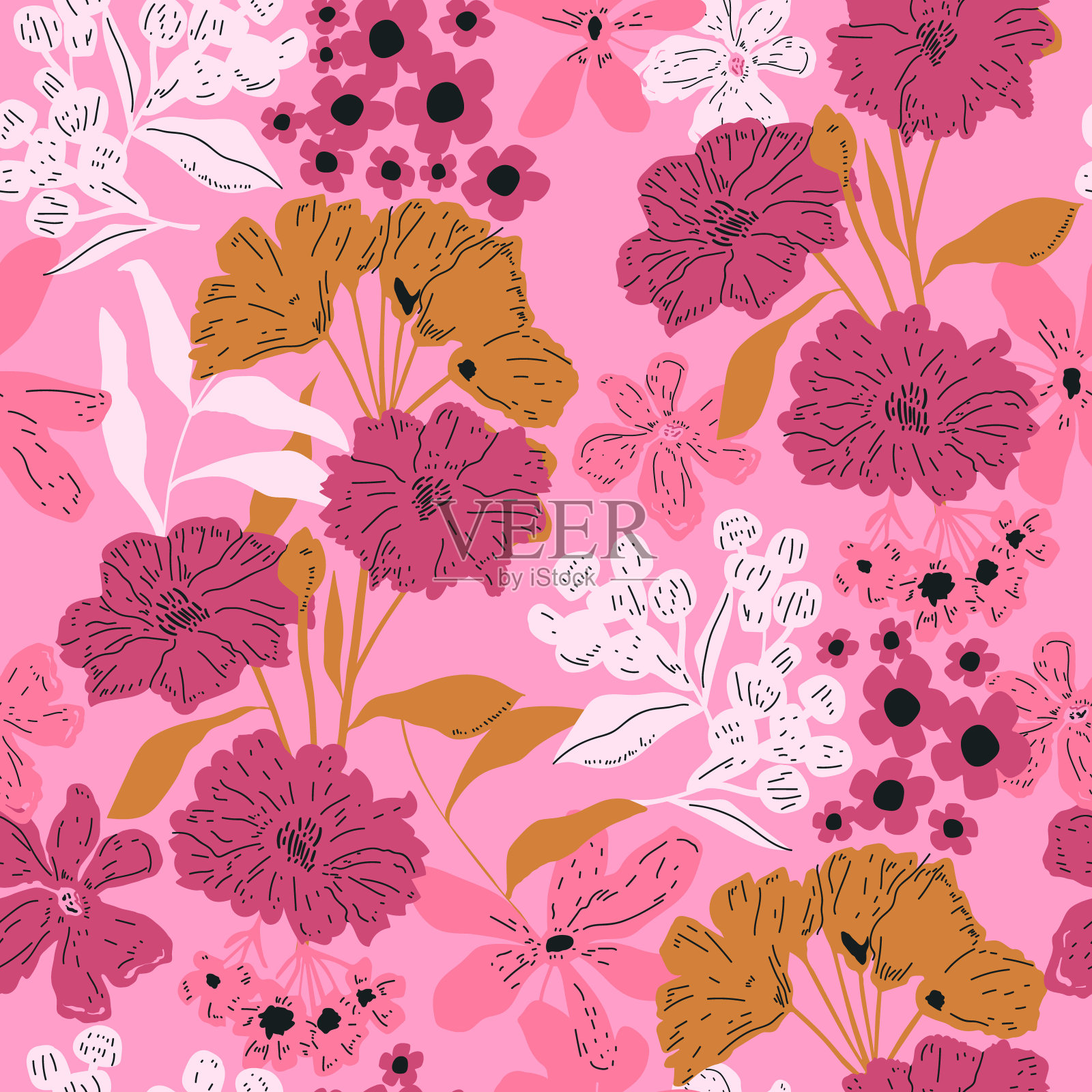 无缝复古风格的花卉图案设计。植物纹理与手绘花，叶，枝。矢量图插画图片素材