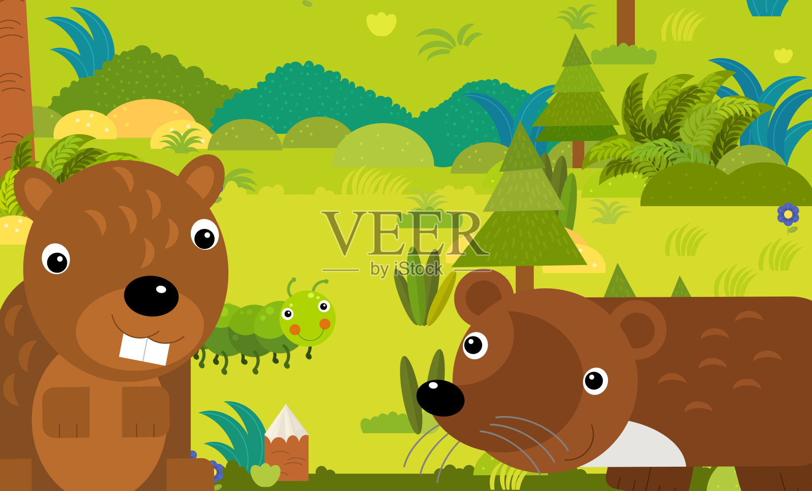 森林里不同欧洲动物的卡通场景插画图片素材