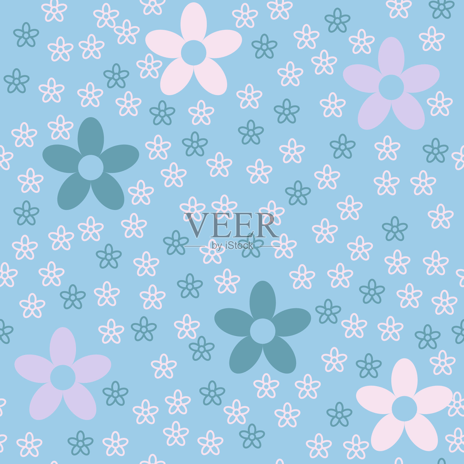 可爱的蓝色花朵背景。大小不一的粉色和蓝色花朵。具有可编辑笔画的无缝图案。插画图片素材