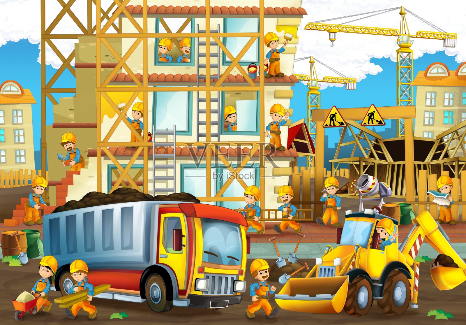 卡通场景与建筑工地与汽车车辆工作在城市插图儿童插画图片素材