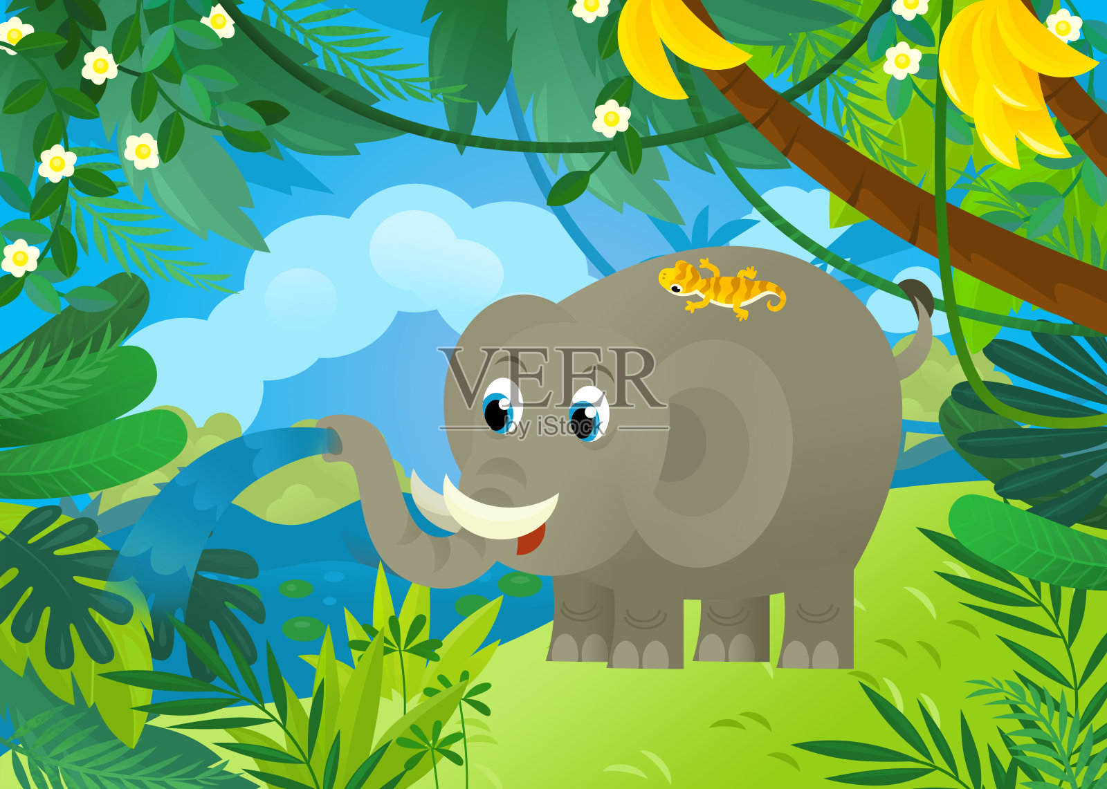 cartoon scene with elephant spilling water with other jungle animals friends being together illustration for children插画图片素材