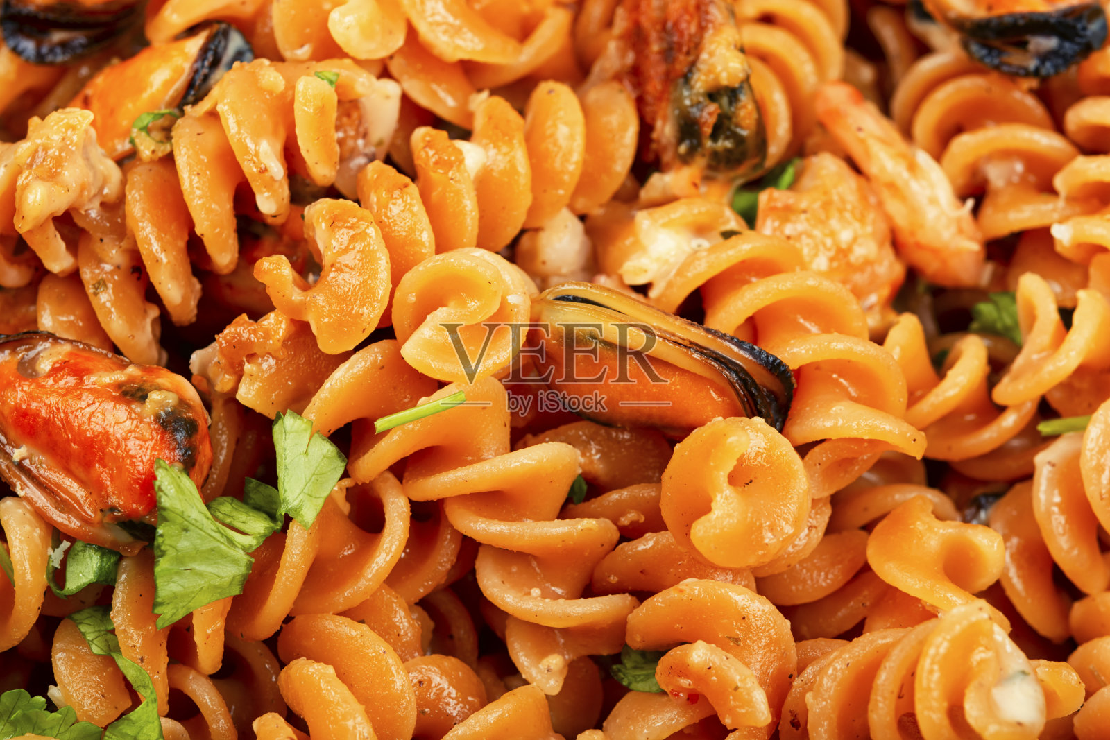 海鲜意大利面特写。照片摄影图片