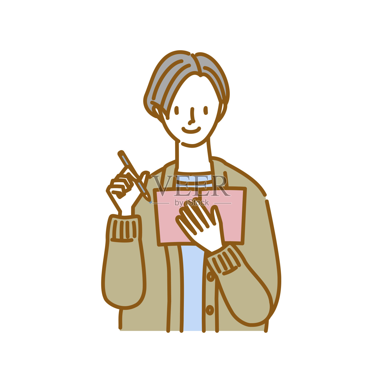 一个女人微笑着在笔记本上做笔记的姿势插画图片素材