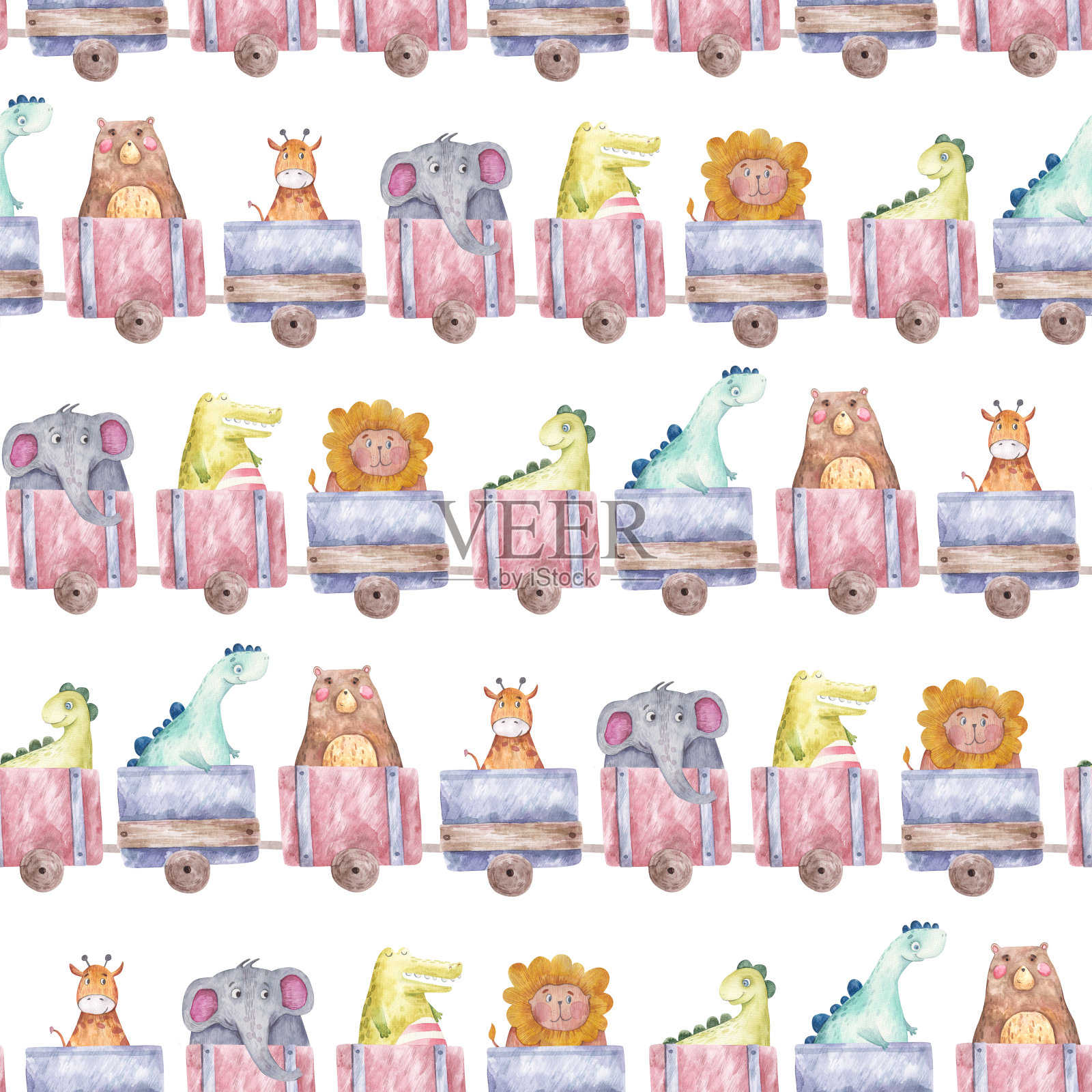 无缝图案卡通蒸汽火车与动物，恐龙，狮子，长颈鹿，鳄鱼，大象，熊，可爱的孩子水彩插图插画图片素材