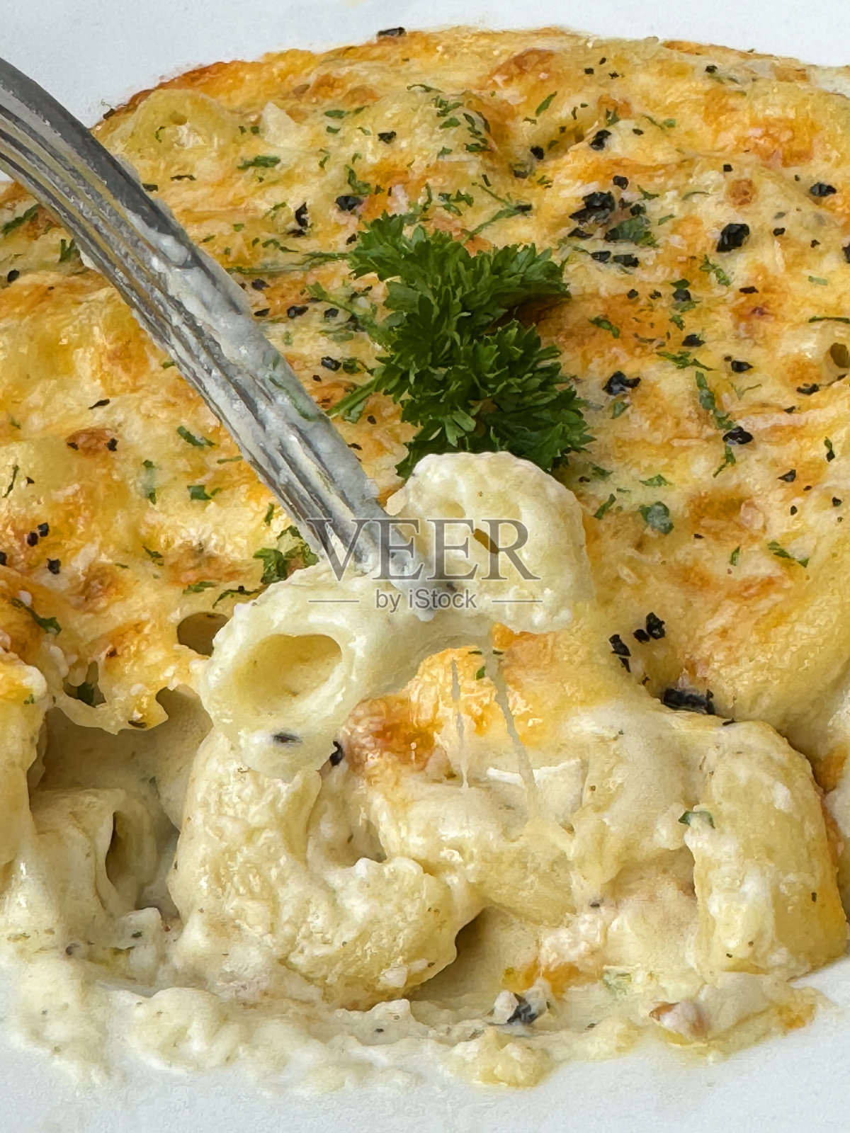 全画幅的意大利面管金属叉子在通心粉和奶酪(通心粉和奶酪)烤意大利面在白色盘子，欧芹装饰，抬高视图照片摄影图片