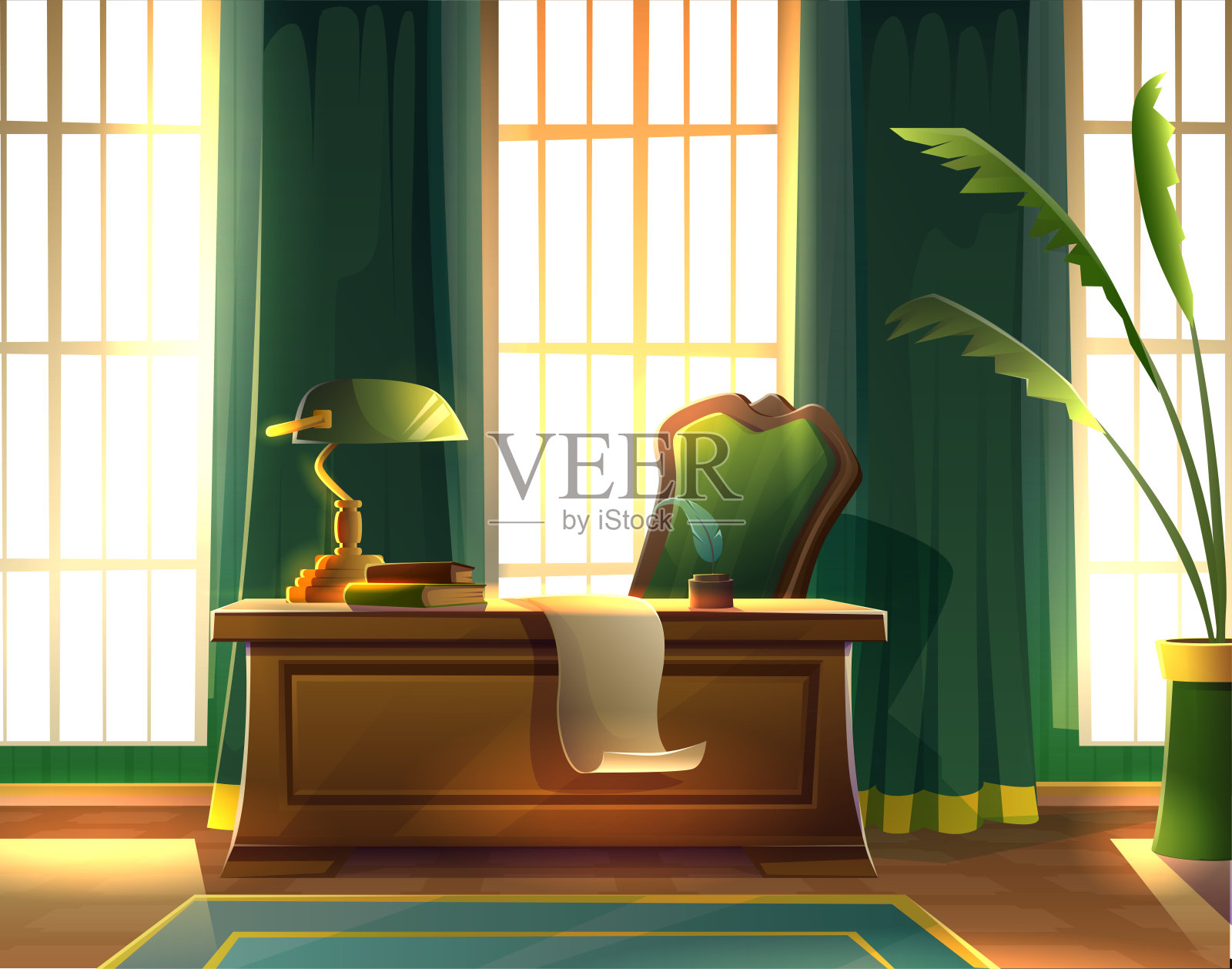 矢量卡通风格的插图。橱柜或办公桌，作家木桌，纸，书和绿色的灯。旧的室内，大窗户和长窗帘。插画图片素材