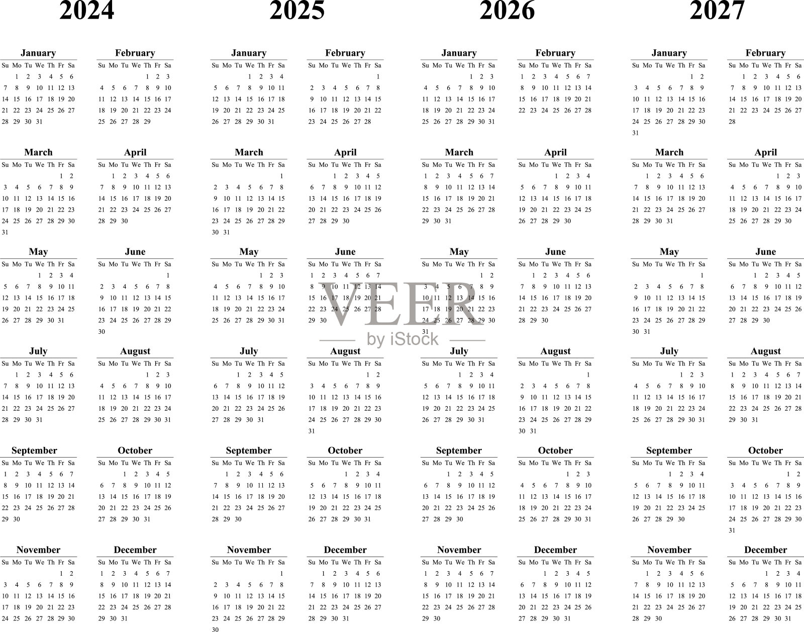 日历2024矢量模板布局矢量图像。2024年英历。年画墙设计。A4、A3、A5或信函格式。一周从周日开始。插画图片素材