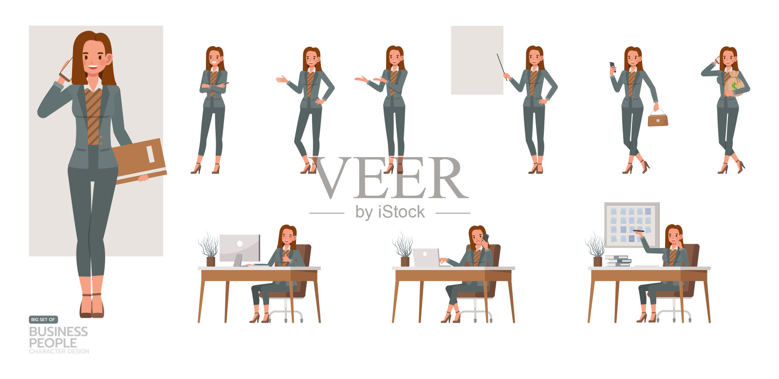 大组办公室女性穿绿色套装的人物矢量设计。呈现在各种动作中。在办公室工作的人进行规划、思考和经济分析。插画图片素材