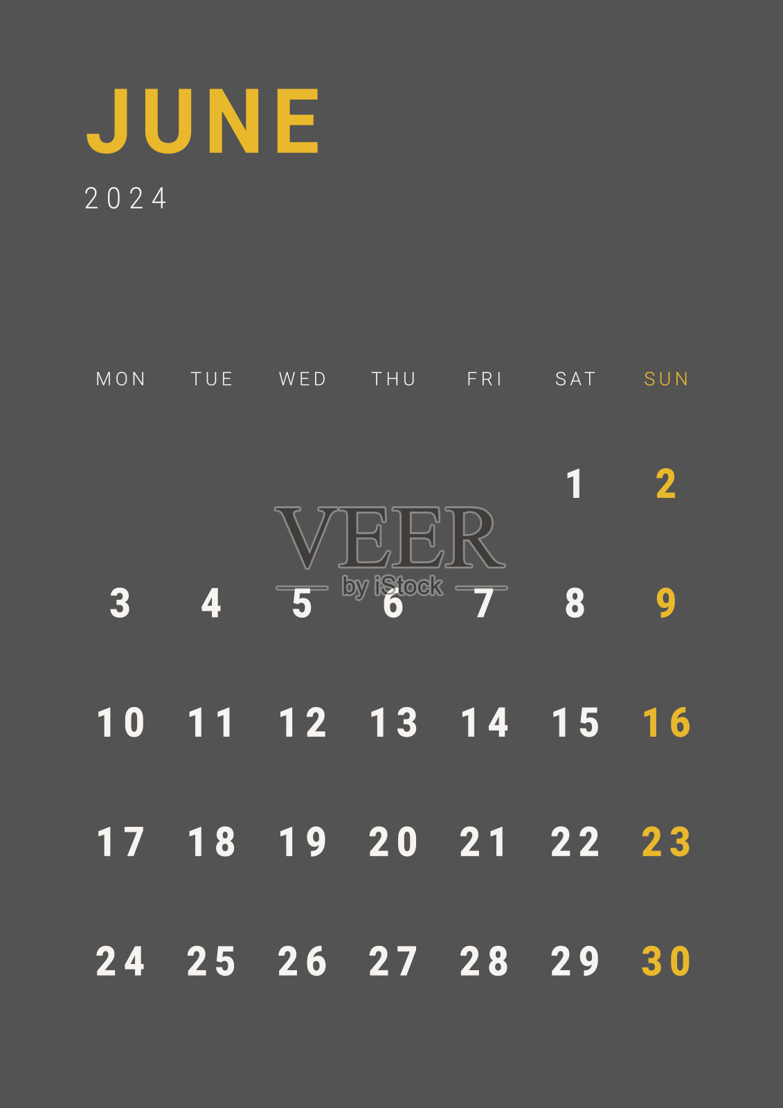 每月页面日历规划模板2024年6月。矢量布局的简单日历与周开始星期一打印。页码为A4或21x29.7公分，深色插画图片素材