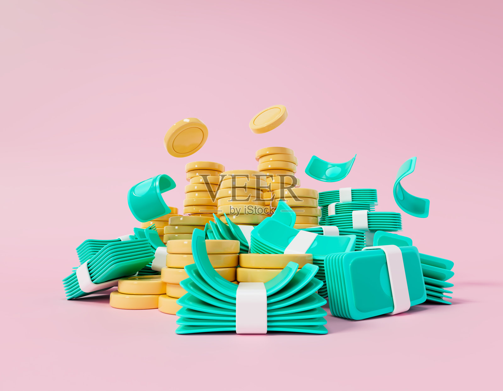 捆钱和硬币堆。3d逼真的卡通金币和美元钞票捆绑。大赢家或头奖横幅图标。3d渲染图照片摄影图片