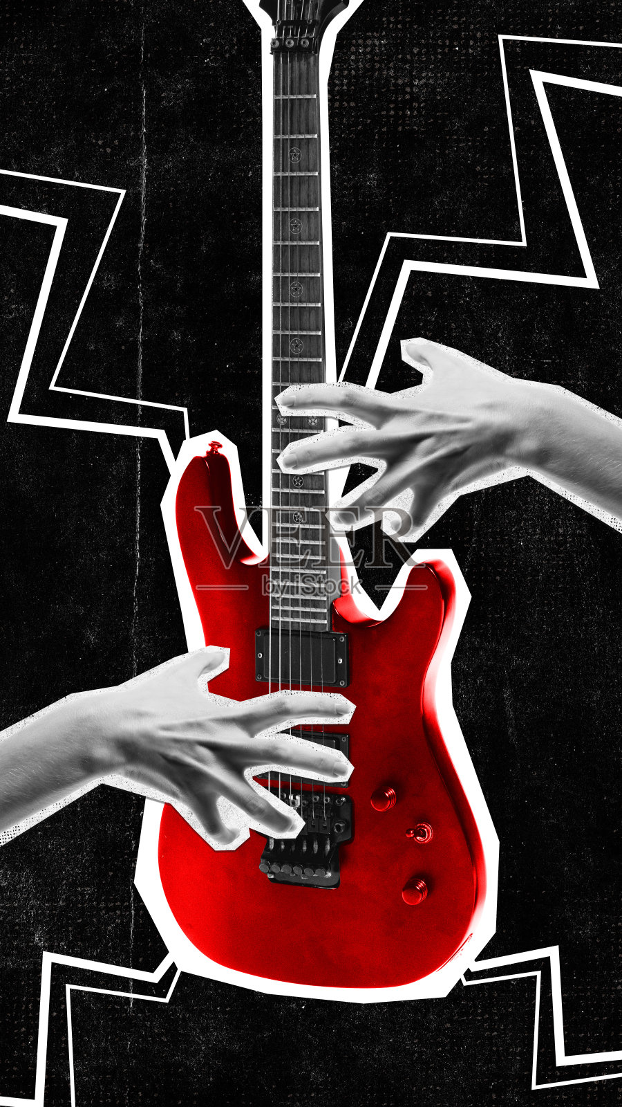 海报。当代艺术拼贴。樱桃炸弹小夜曲。吉他，樱桃红色的琴身，在黑色的背景下，手在上面弹奏，舞动着看不见的能量。照片摄影图片